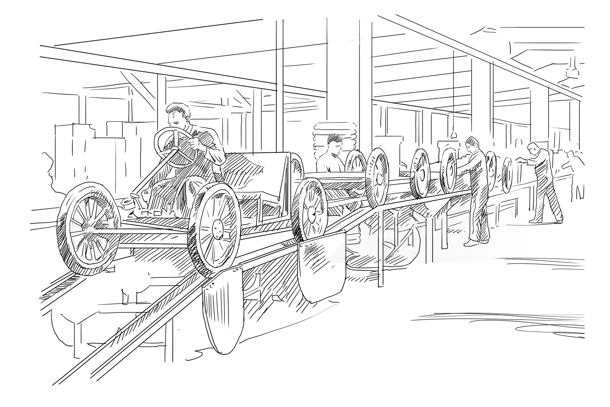Line drawing of early automobile assembly line with workers by Andreas Schickert