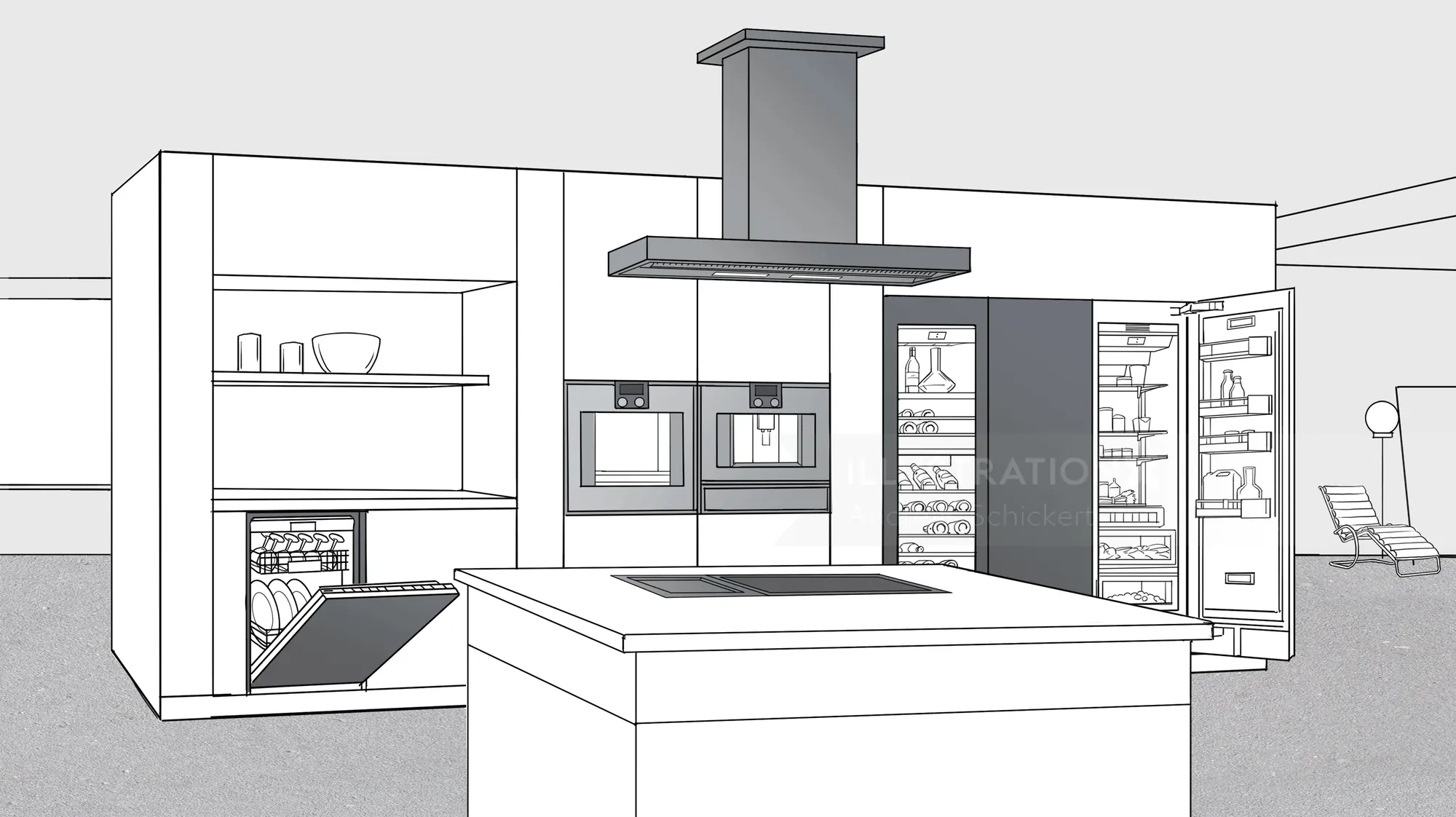 Illustration of modern kitchen with island, stove, ovens, and open fridge by Andreas Schickert