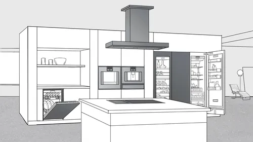 Illustration of modern kitchen with island, stove, ovens, and open fridge by Andreas Schickert