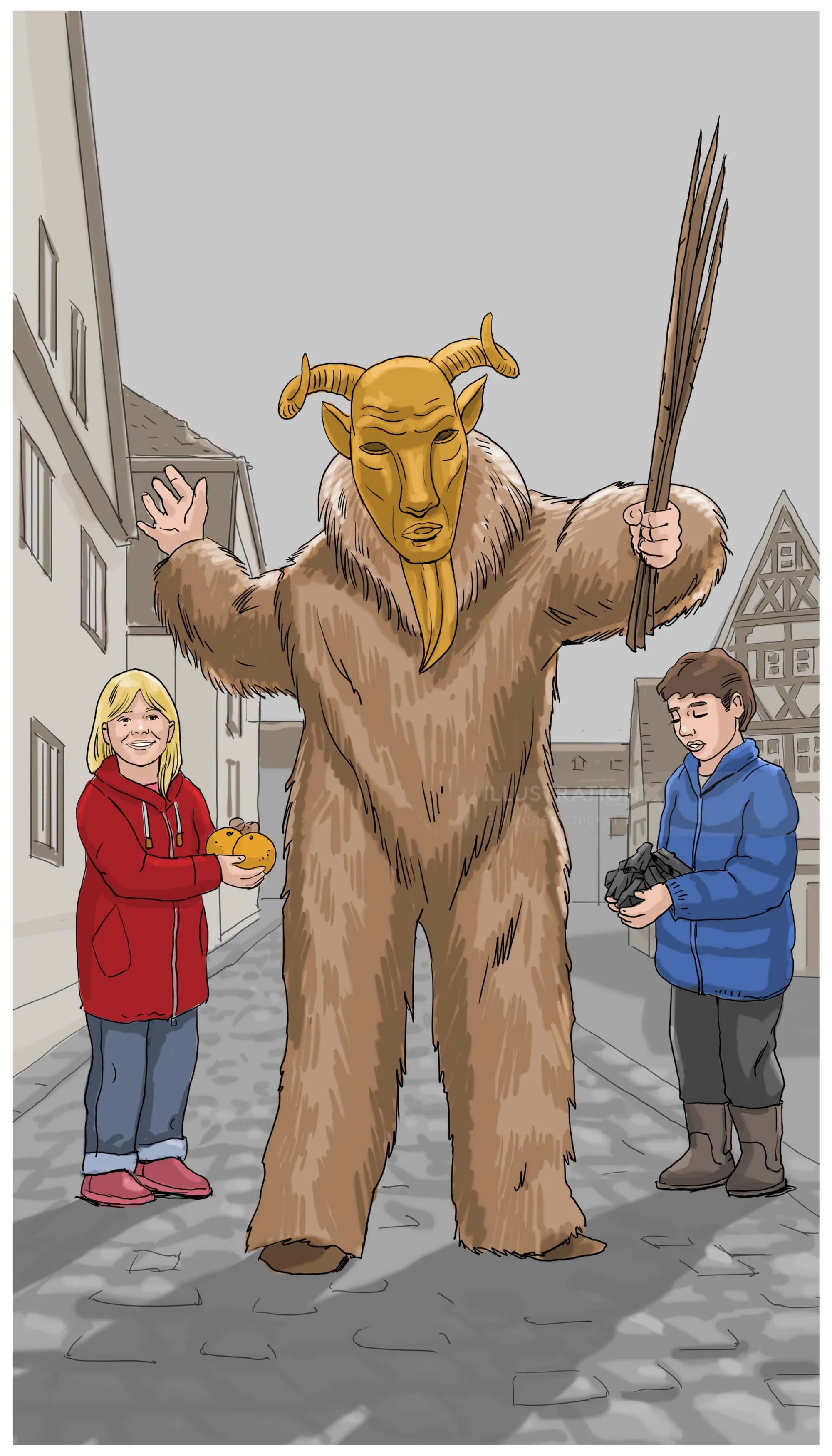 Person in fur costume with horned mask and broom, two children stand by, Andreas Schickert