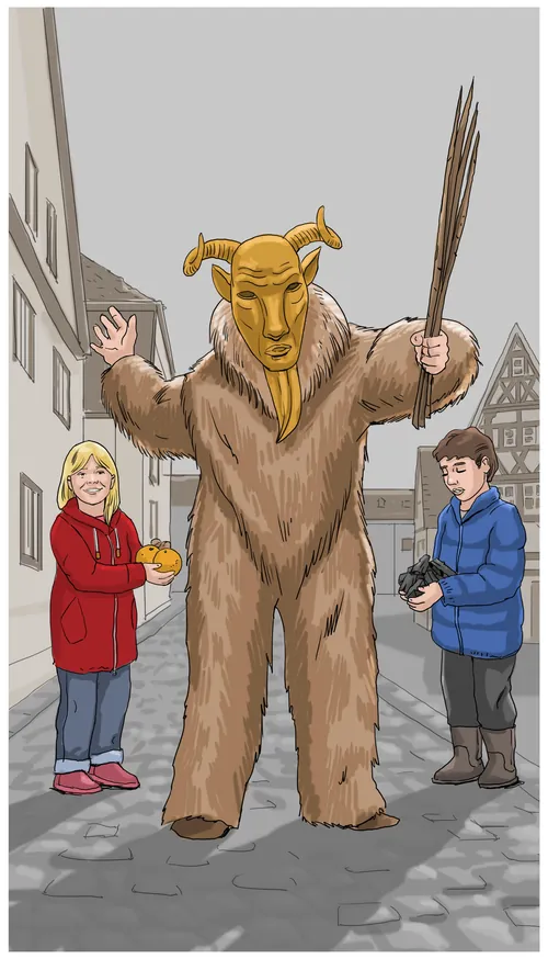 Person in fur costume with horned mask and broom, two children stand by, Andreas Schickert