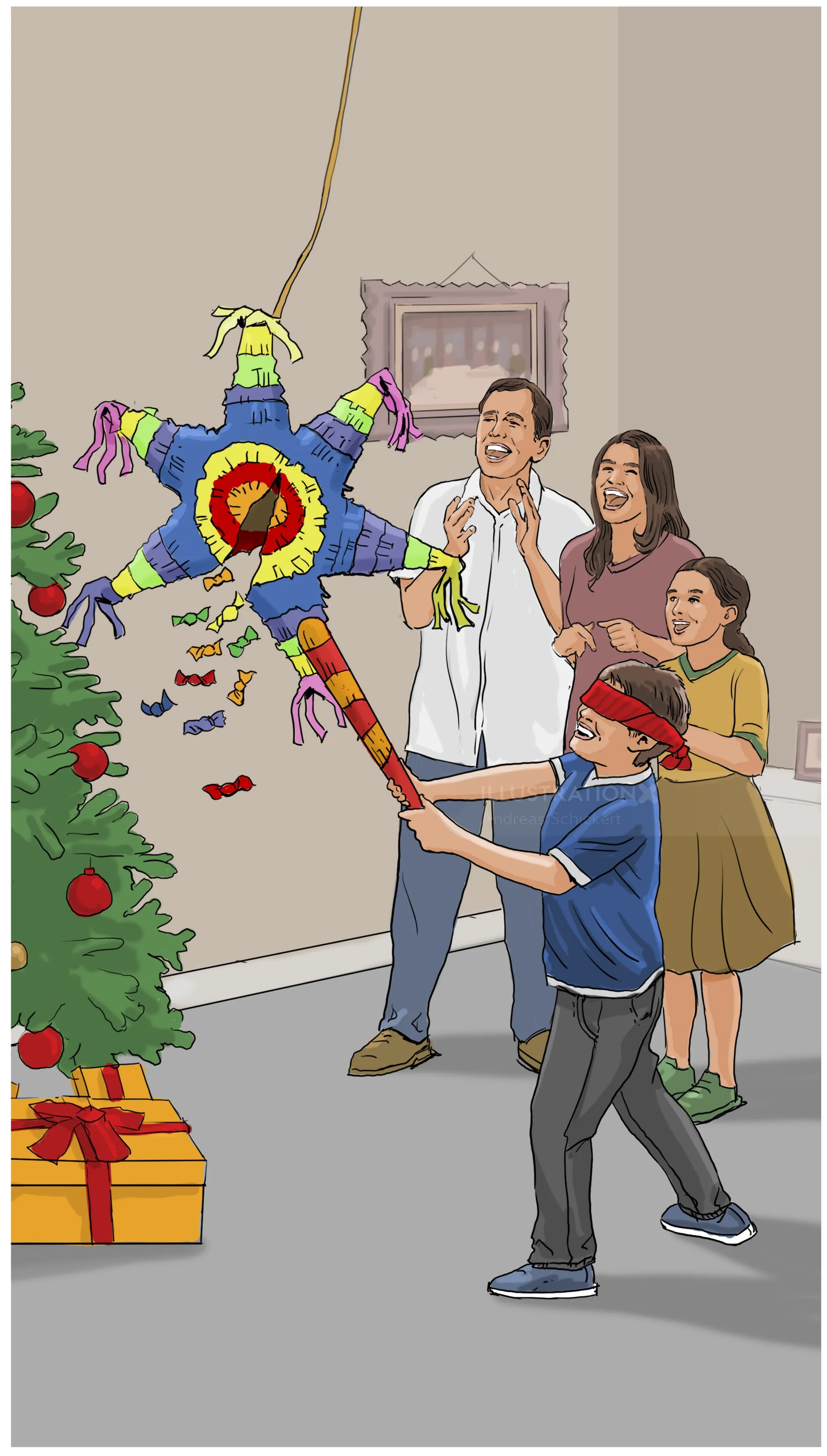 Family playing a pinata game indoors with Christmas tree, by Andreas Schickert