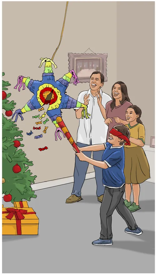 Family playing a pinata game indoors with Christmas tree, by Andreas Schickert