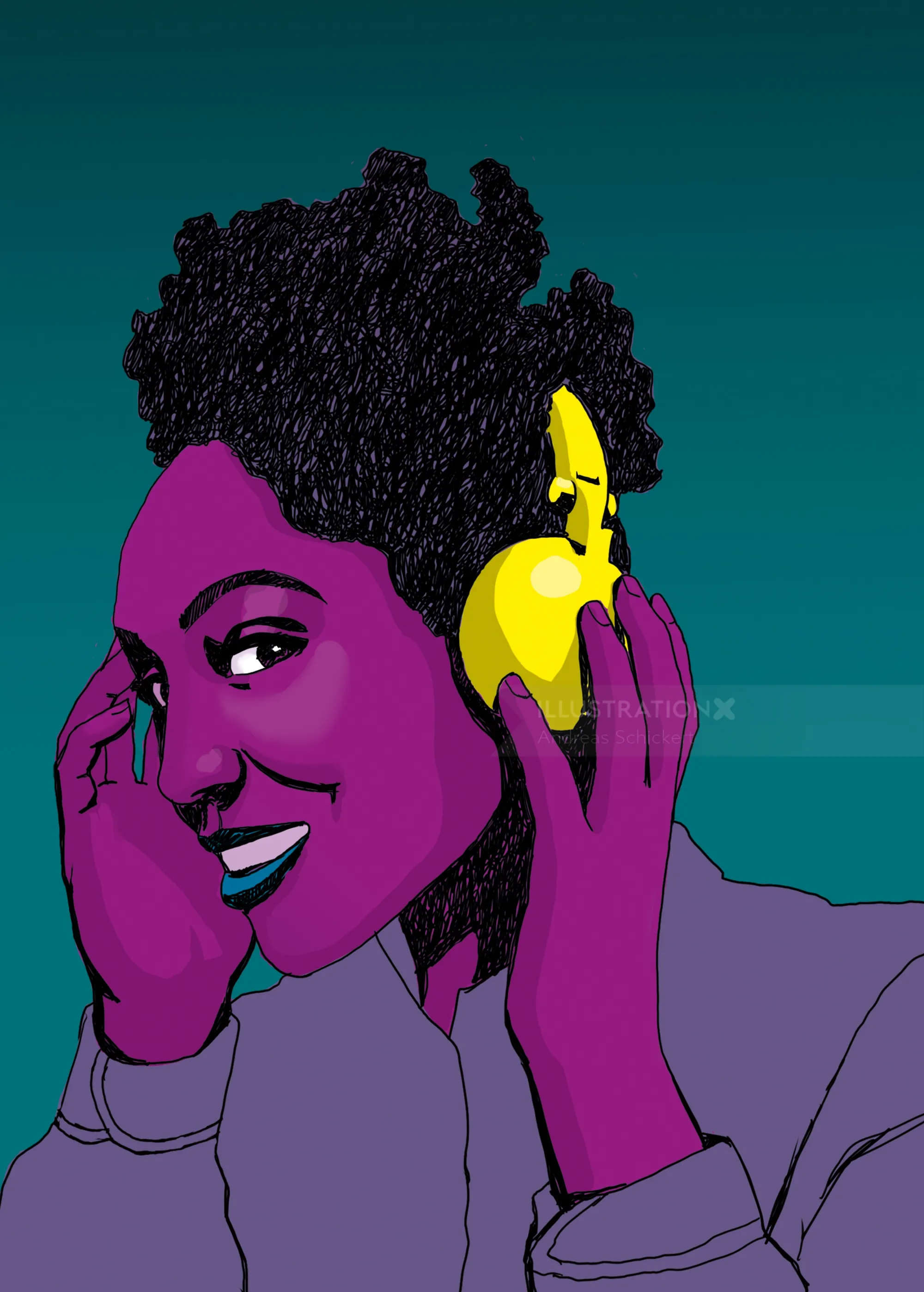 Digital portrait of woman wearing yellow headphones by Andreas Schickert