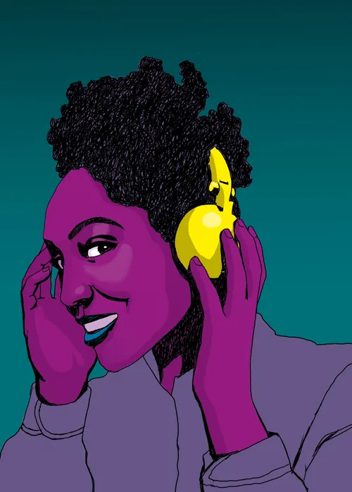 Digital portrait of woman wearing yellow headphones by Andreas Schickert
