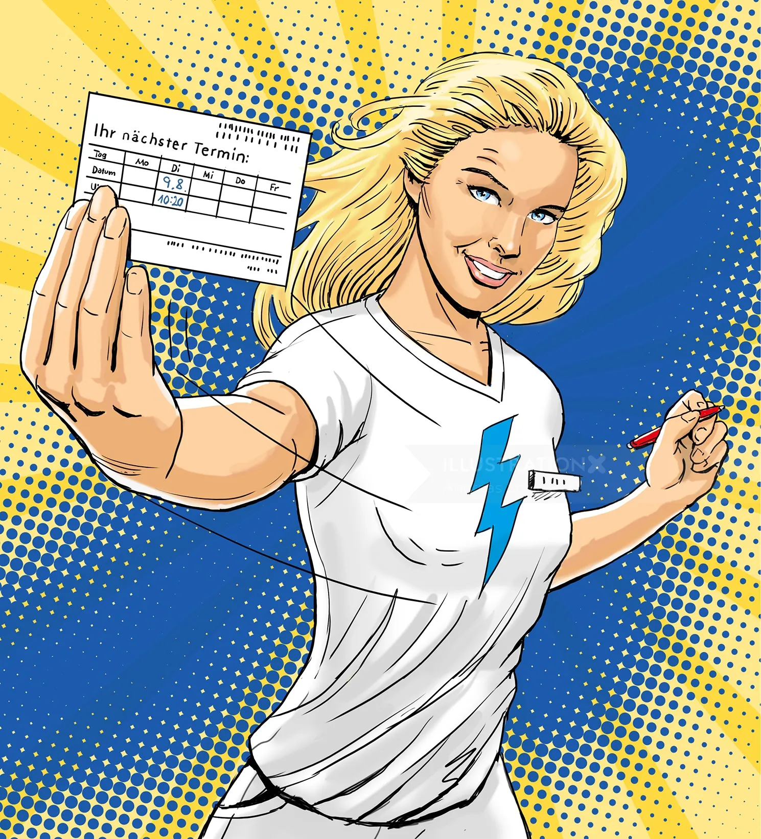 Comic-style image of blonde woman holding appointment card and pen by Andreas Schickert