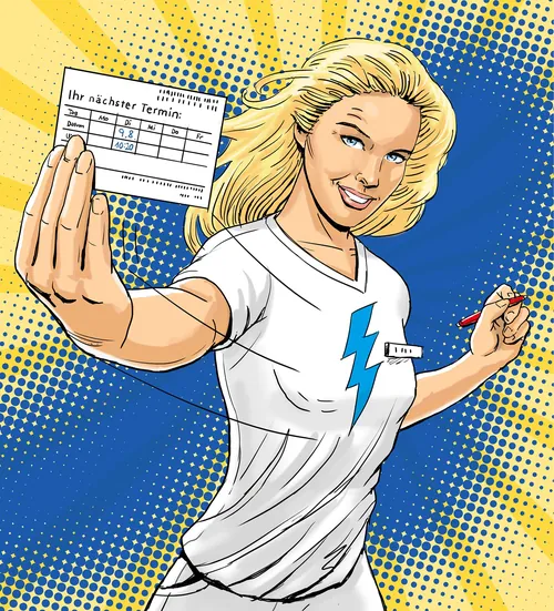 Comic-style image of blonde woman holding appointment card and pen by Andreas Schickert