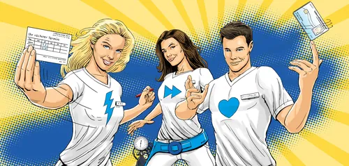 Three smiling people holding cards and tablet, by Andreas Schickert