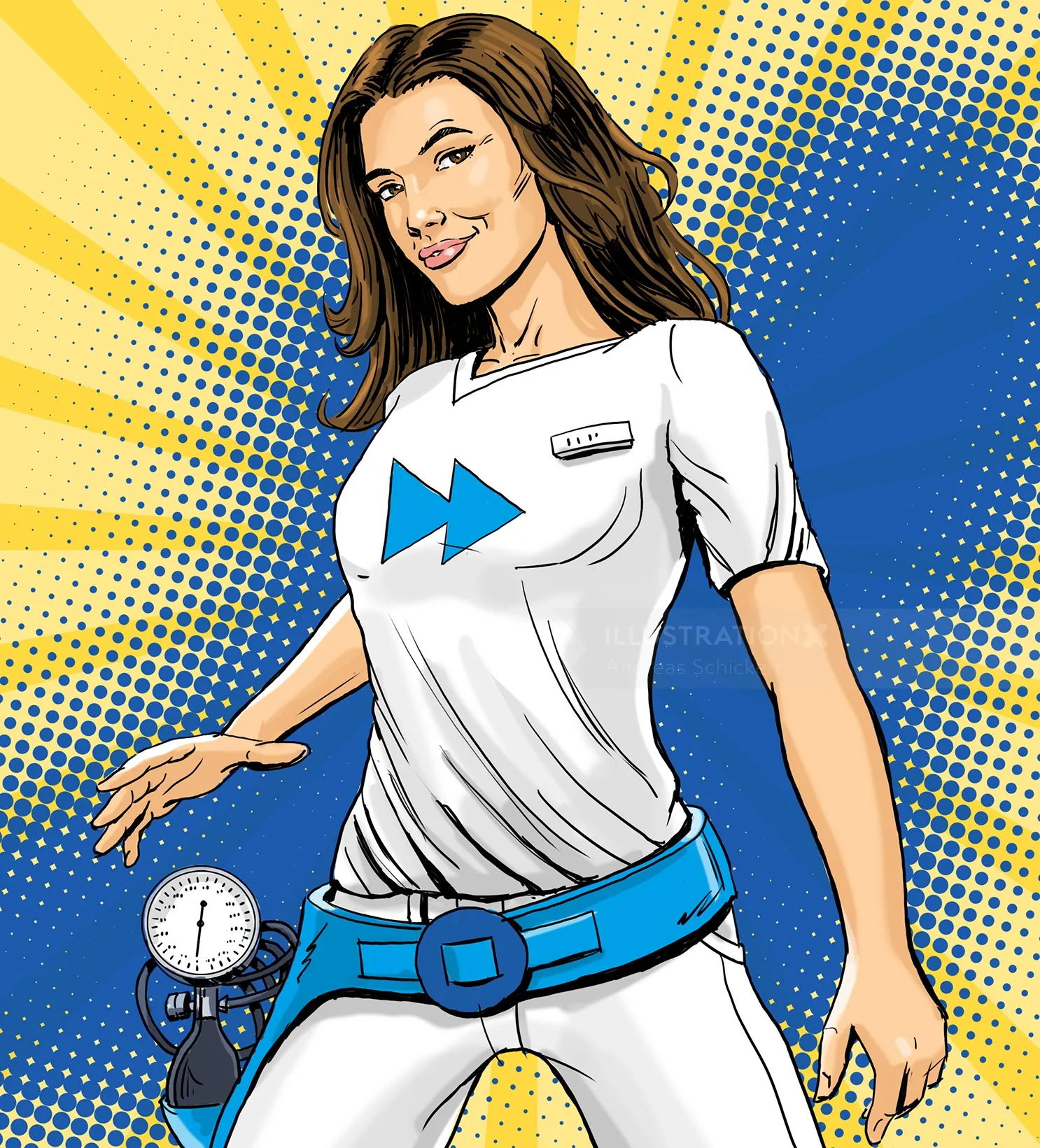 Confident woman wearing white shirt and stopwatch, illustration by Andreas Schickert