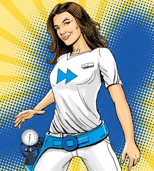 Confident woman wearing white shirt and stopwatch, illustration by Andreas Schickert