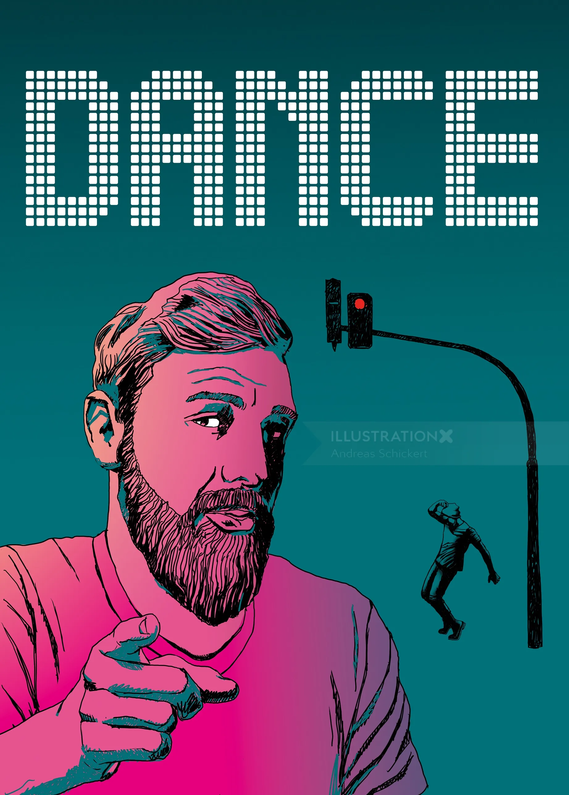 Illustration of a man pointing under the word DANCE with dancer and traffic light, by Andreas Schick