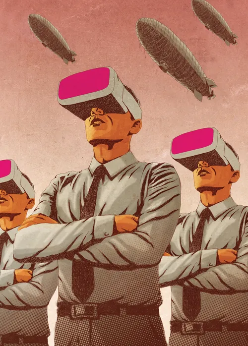 Men in suits with VR headsets under airships, artwork by Andreas Schickert