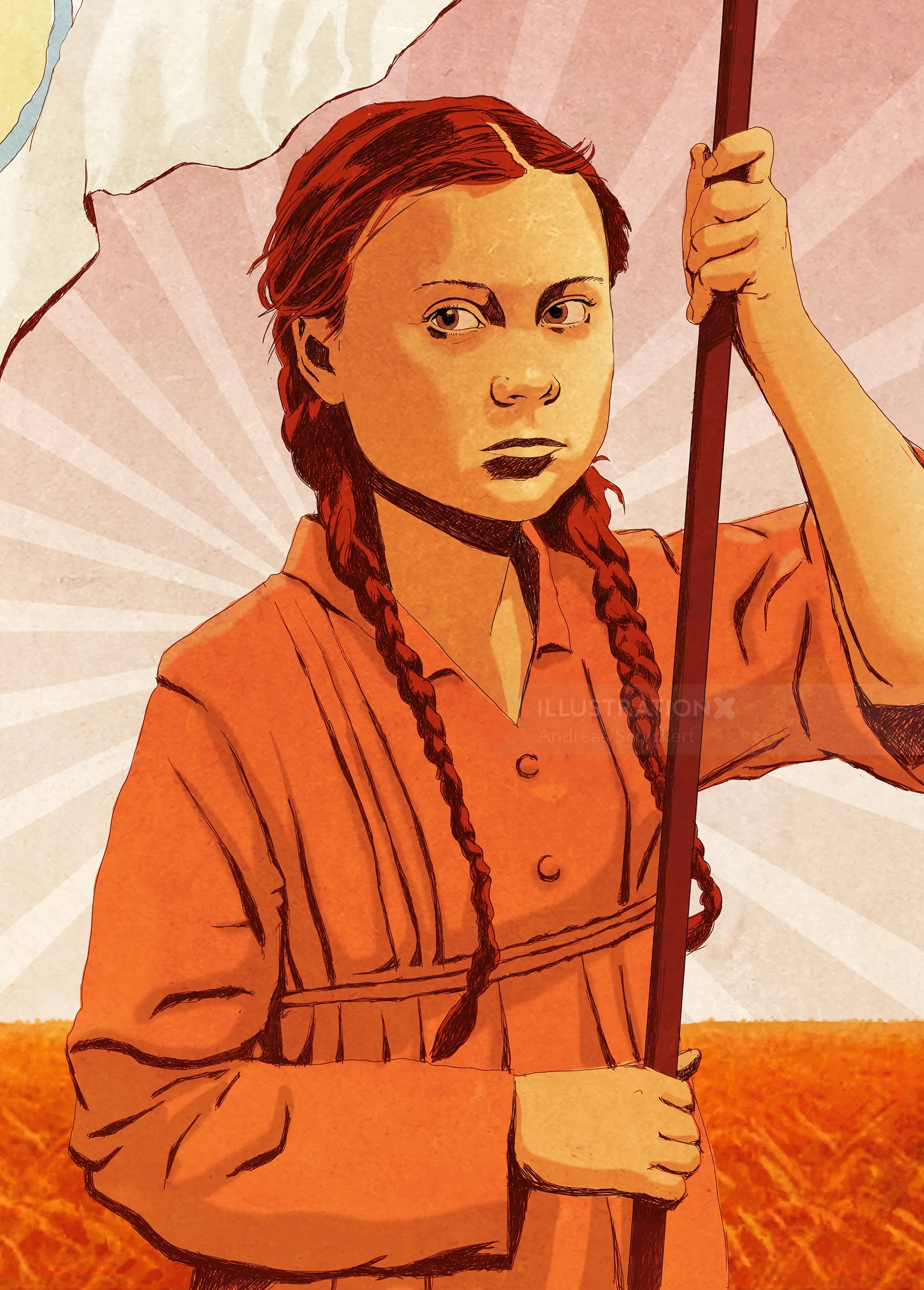 Illustration of a young girl holding a flagpole with braided hair by Andreas Schickert