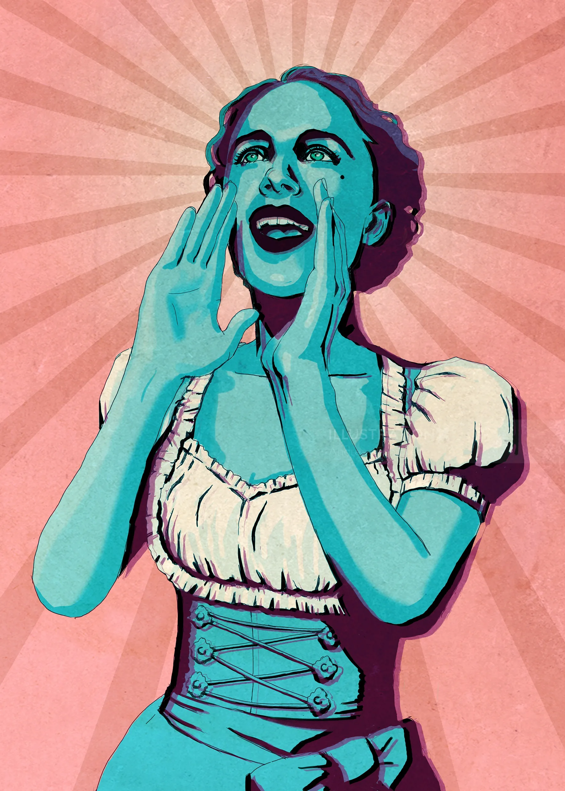 Blue-skinned woman shouting with hands framing mouth by Andreas Schickert