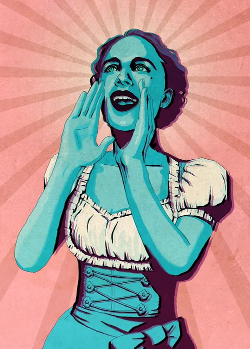 Blue-skinned woman shouting with hands framing mouth by Andreas Schickert