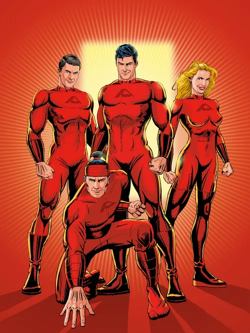 Four superheroes in red suits posing confidently by Andreas Schickert