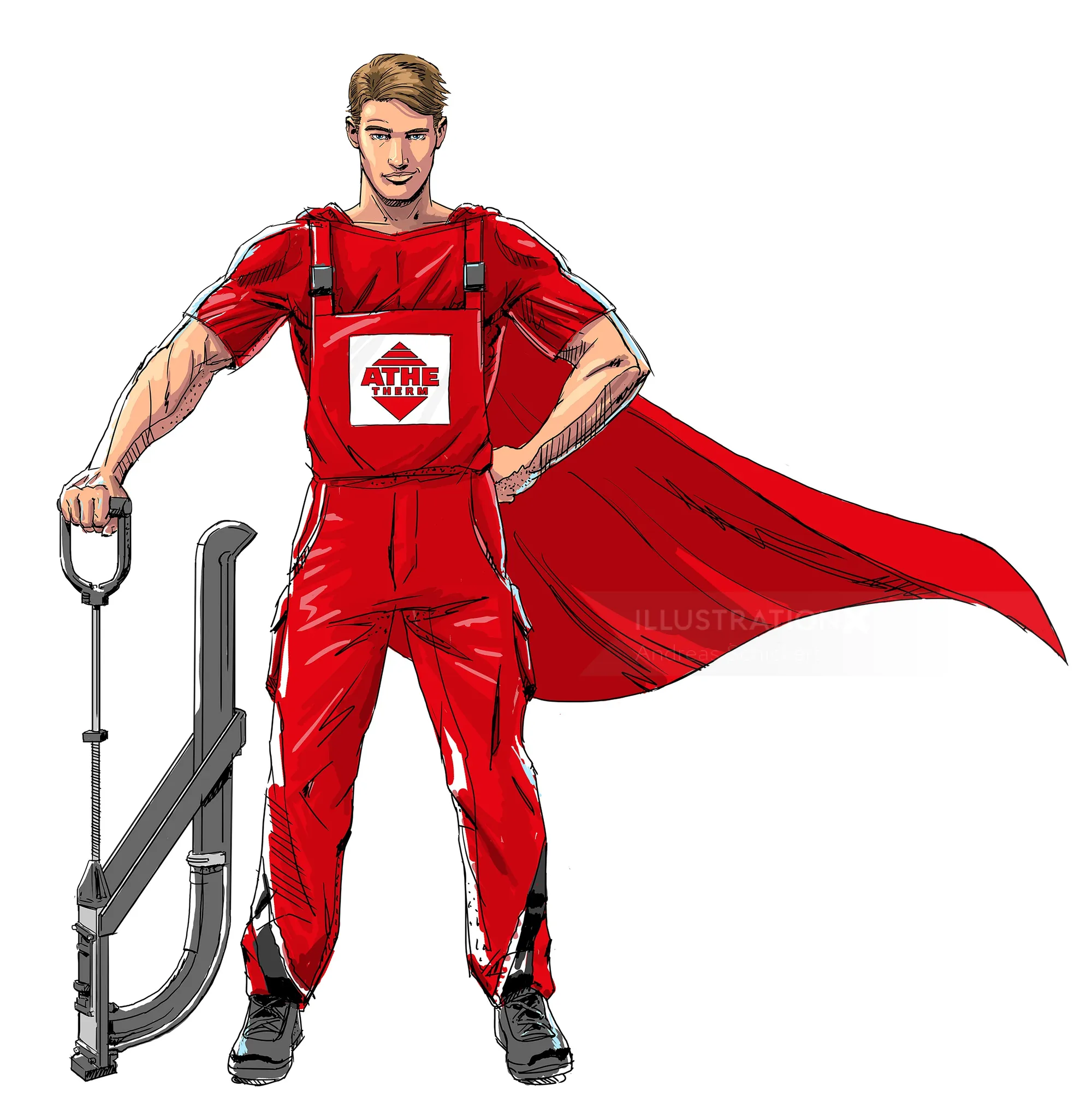 Illustration of a worker in red with a cape holding a big tool by Andreas Schickert