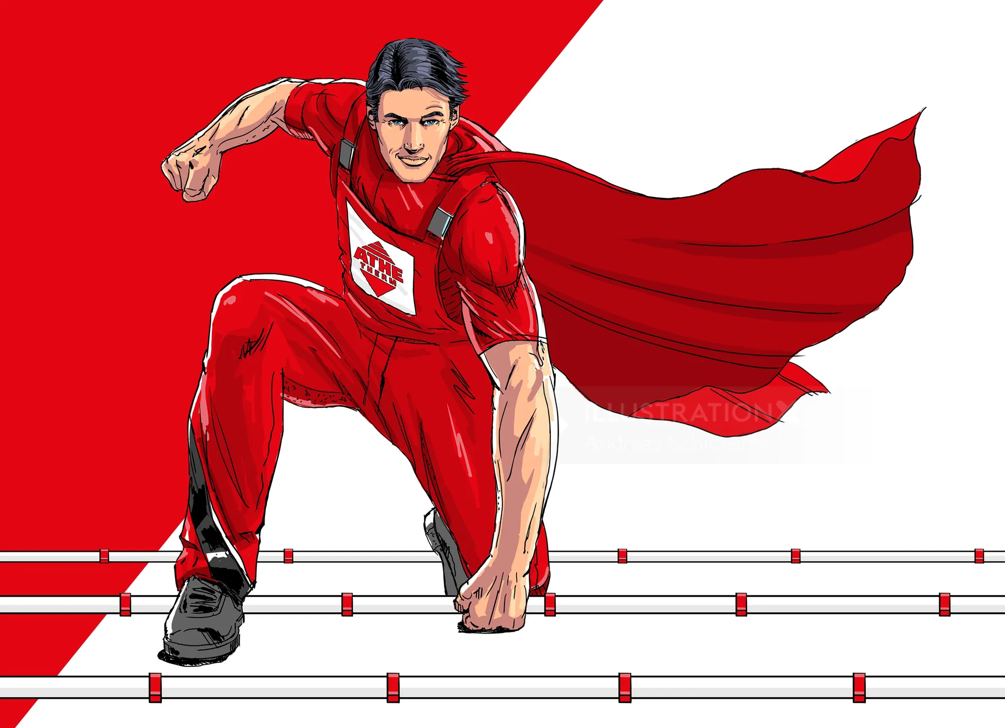 Male superhero athlete in red suit starting hurdle race by Andreas Schickert