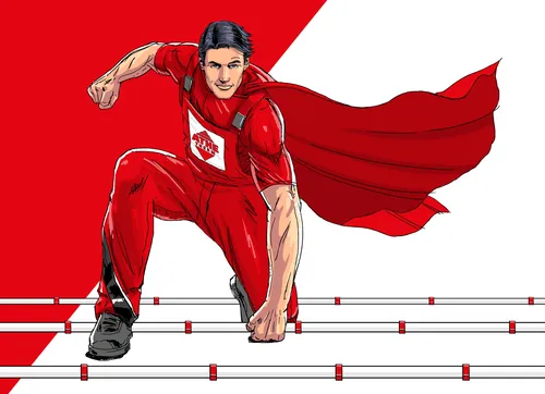 Male superhero athlete in red suit starting hurdle race by Andreas Schickert