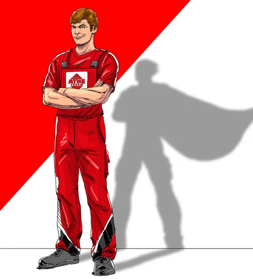 Man in work uniform casting a superhero shadow, artwork by Andreas Schickert