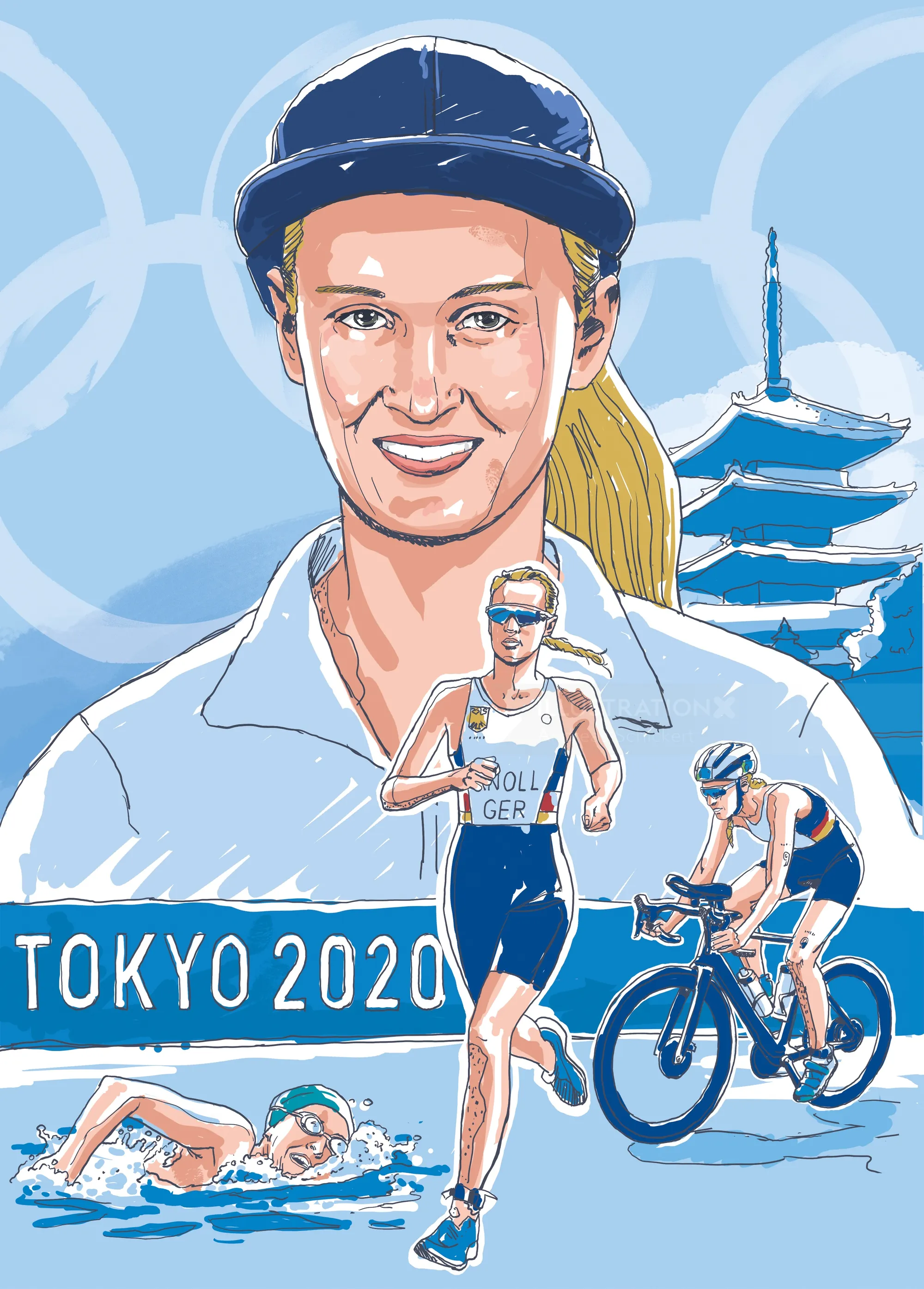 Tokyo 2020 triathlon athlete swimming, cycling, and running by Andreas Schickert