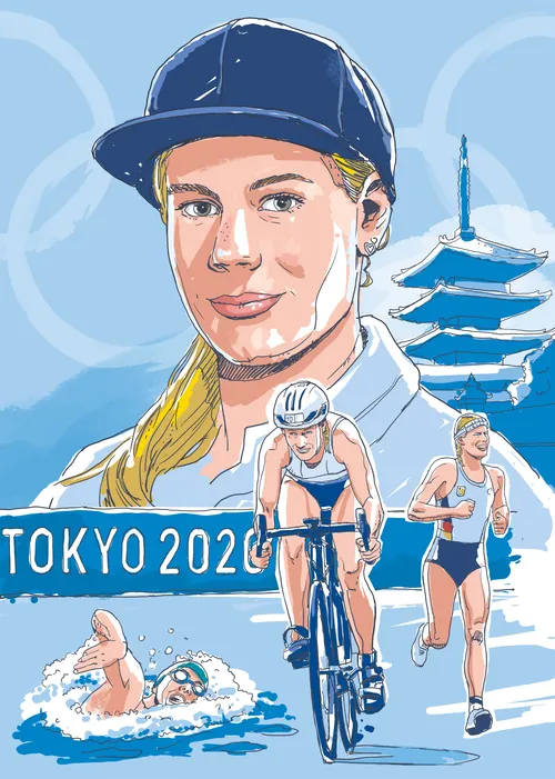 Triathlon athletes swimming, cycling, running at Tokyo 2020 by Andreas Schickert