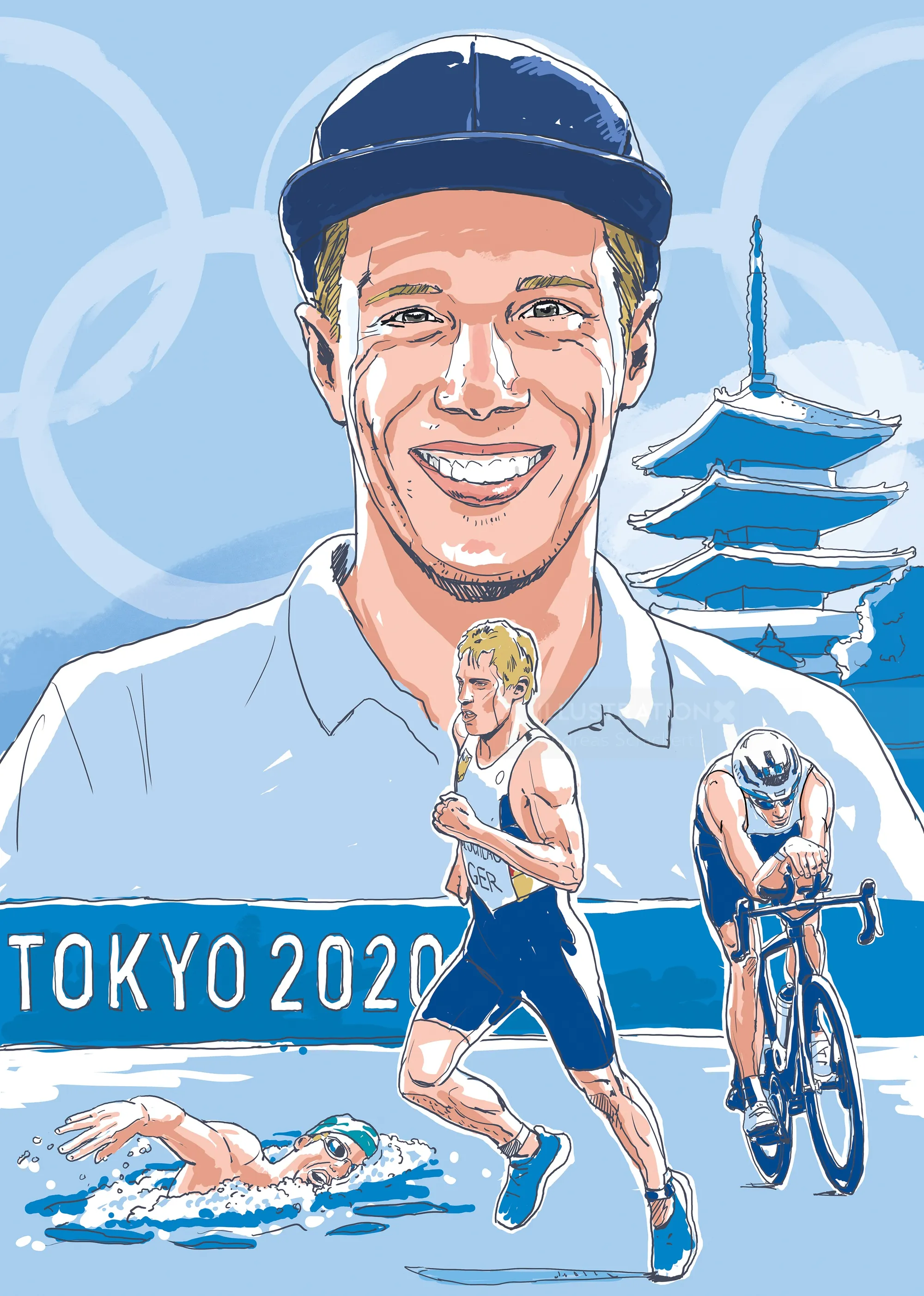 Tokyo 2020 triathlon athletes swimming, running, and cycling illustration by Andreas Schickert
