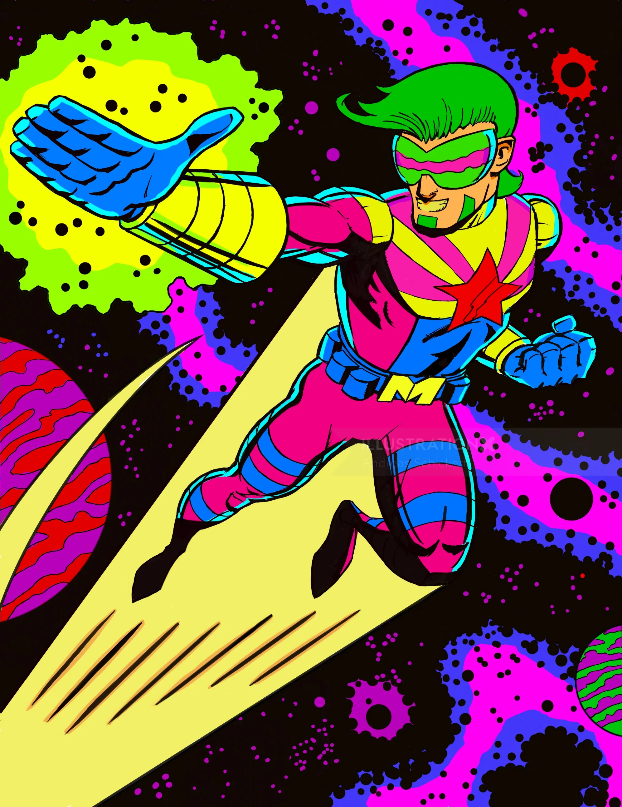 Vibrant neon superhero flying in space by Andreas Schickert