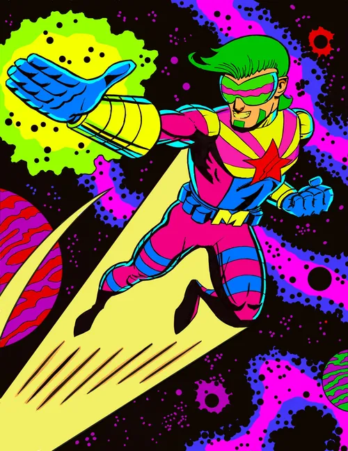Vibrant neon superhero flying in space by Andreas Schickert