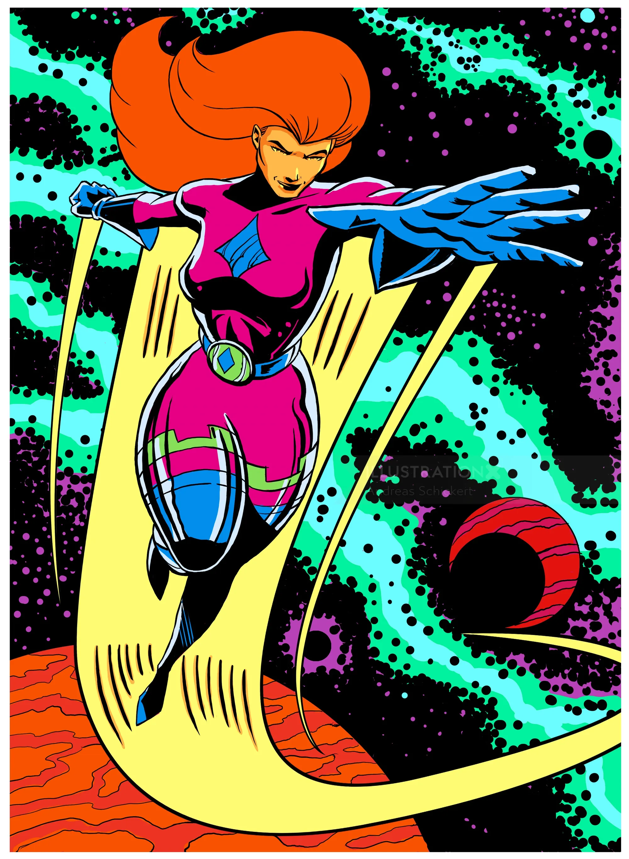 Colorful futuristic female astronaut floating in space by Andreas Schickert