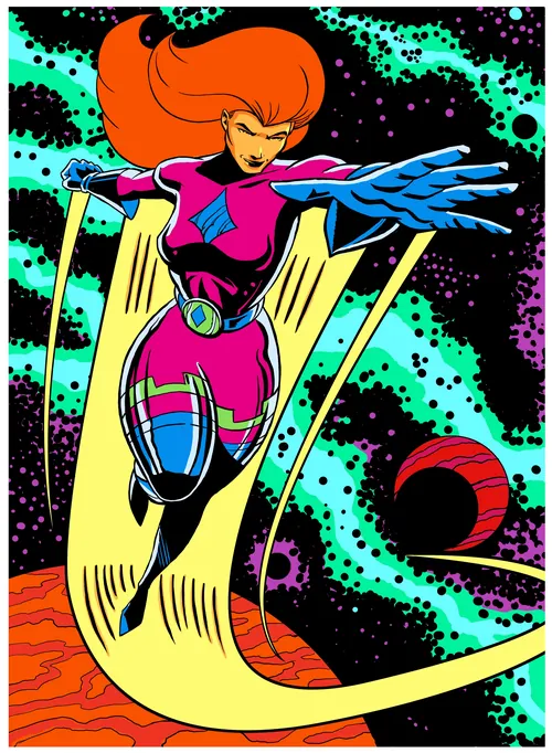 Colorful futuristic female astronaut floating in space by Andreas Schickert