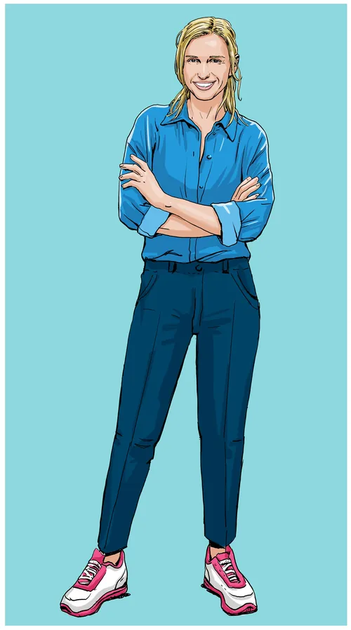 Illustration of a woman in blue shirt and red sneakers by Andreas Schickert