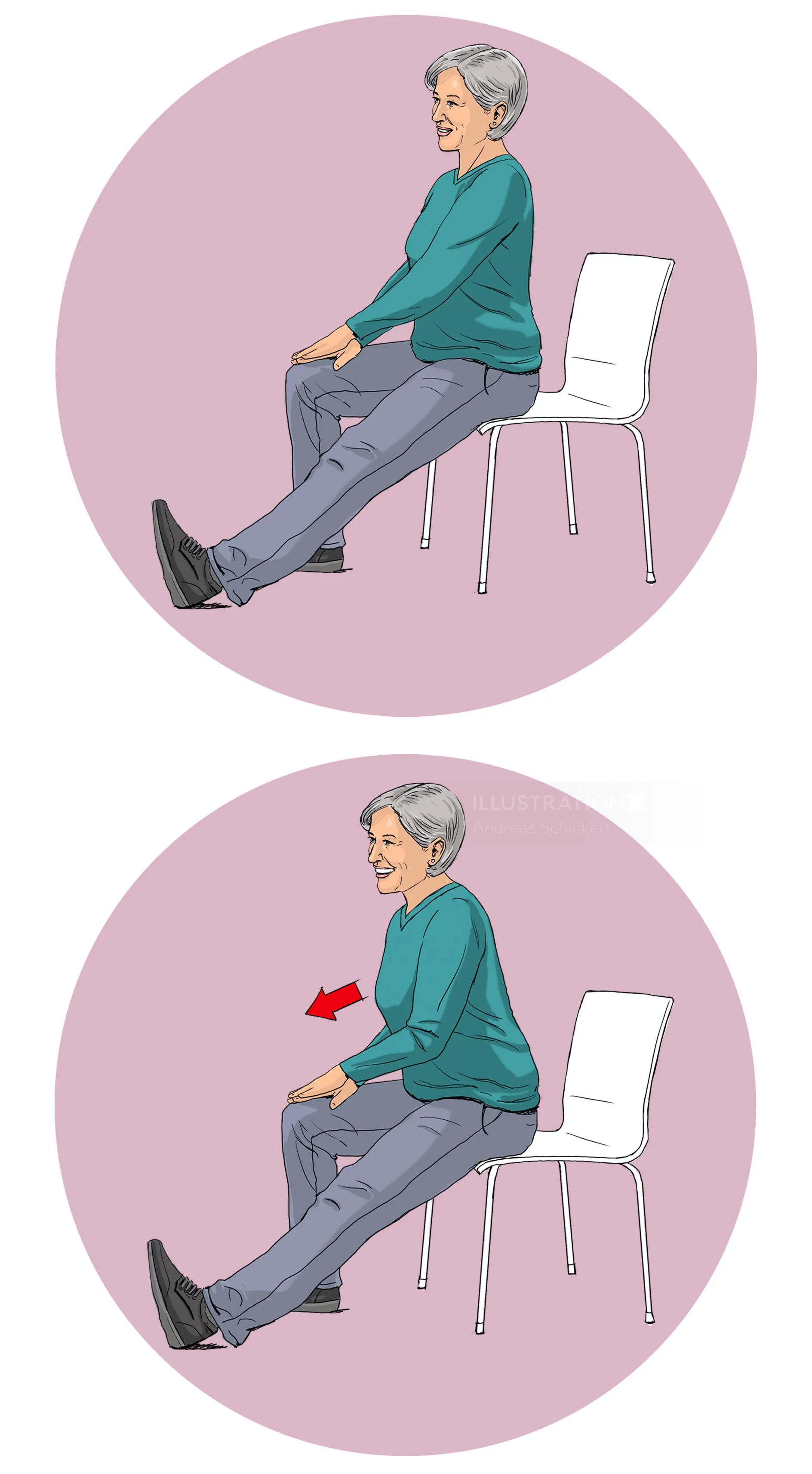 Elderly woman doing seated leg stretches on a chair by Andreas Schickert