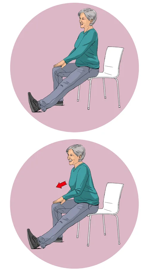 Elderly woman doing seated leg stretches on a chair by Andreas Schickert