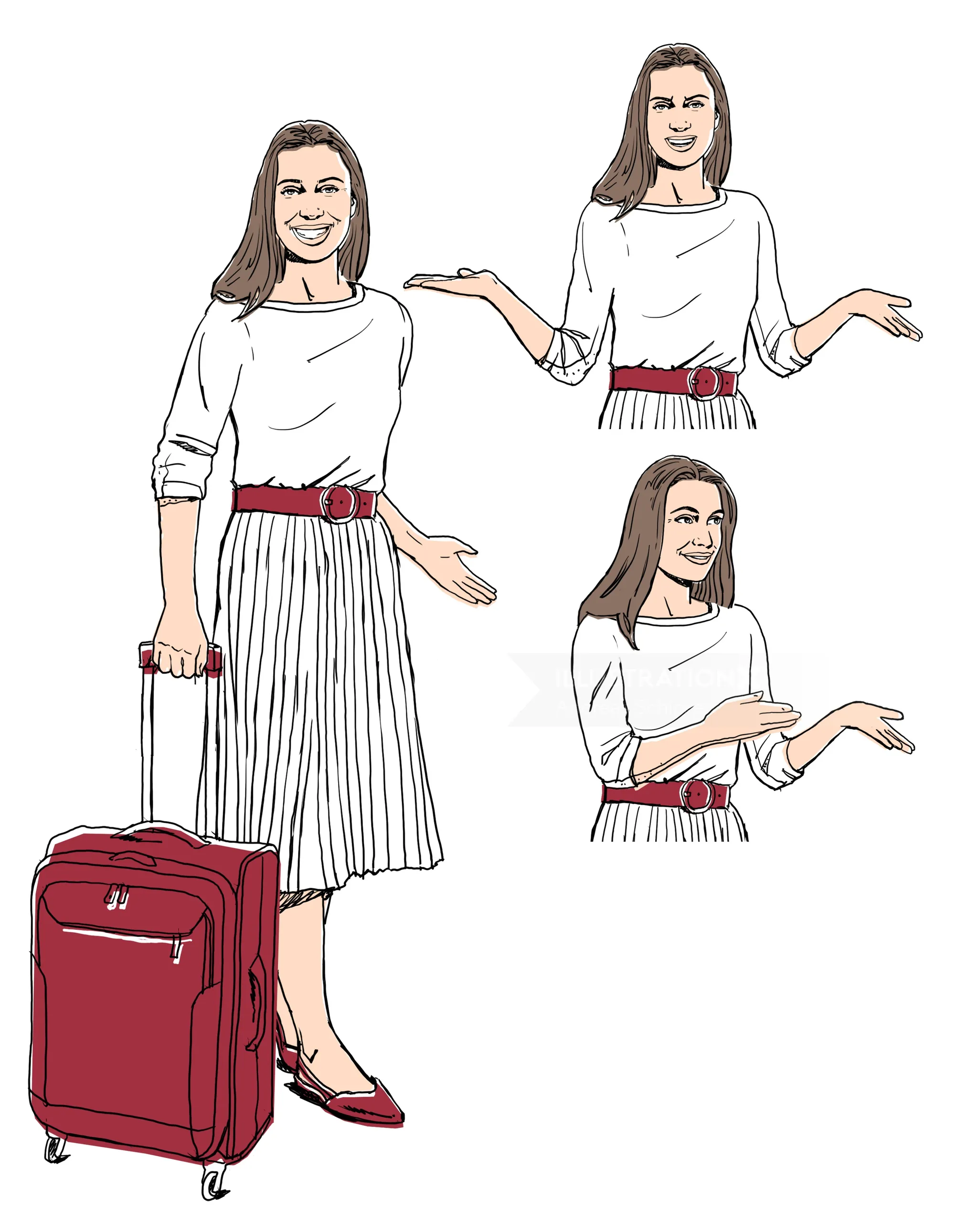 Illustration of a woman with a red suitcase and different hand gestures by Andreas Schickert