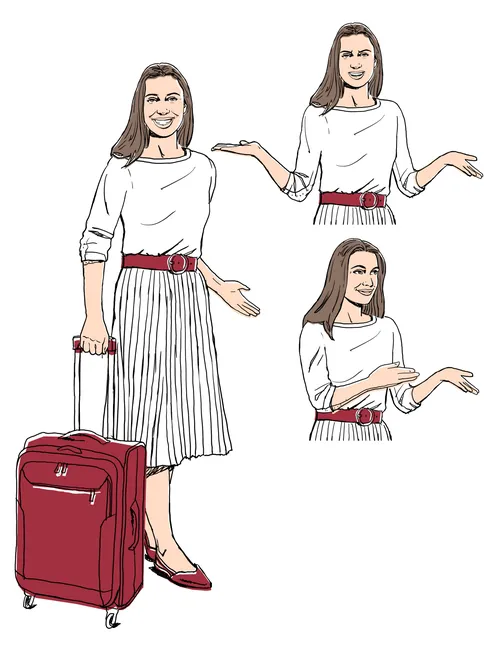 Illustration of a woman with a red suitcase and different hand gestures by Andreas Schickert