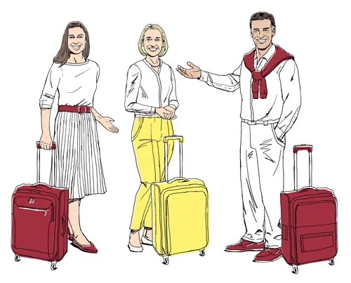 Illustration of three travelers with red and yellow suitcases by Andreas Schickert