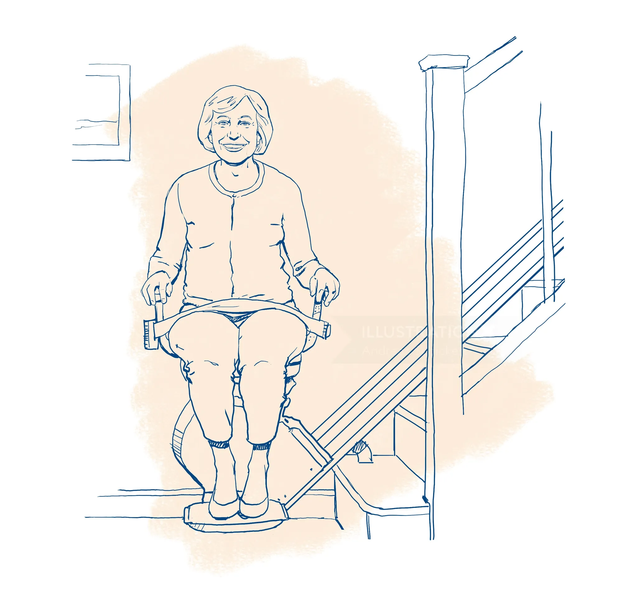Elderly woman sitting on stairlift smiling by Andreas Schickert