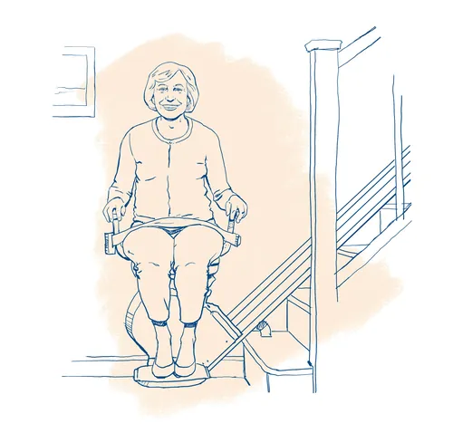 Elderly woman sitting on stairlift smiling by Andreas Schickert