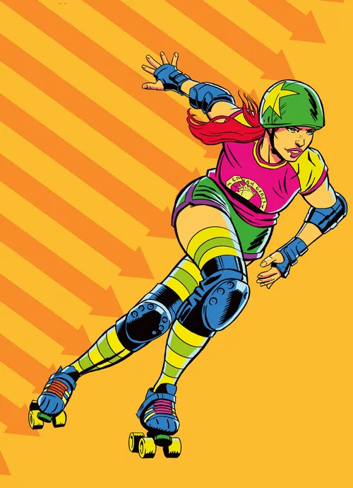 Female roller skater wearing helmet and pads skating fast by Andreas Schickert