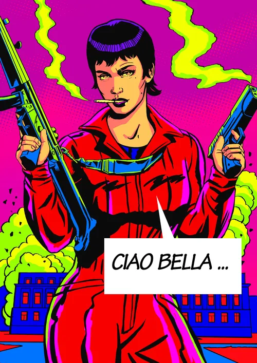Pop art comic woman in red holding guns saying CIAO BELLA by Andreas Schickert