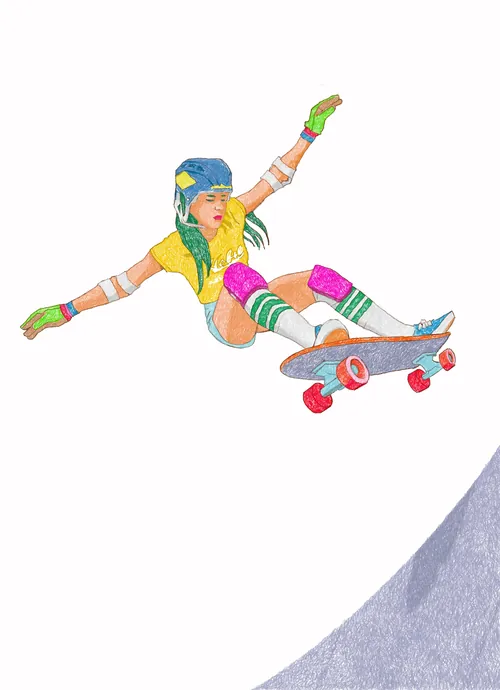 Young girl in helmet and pads skateboarding mid-air by Andreas Schickert