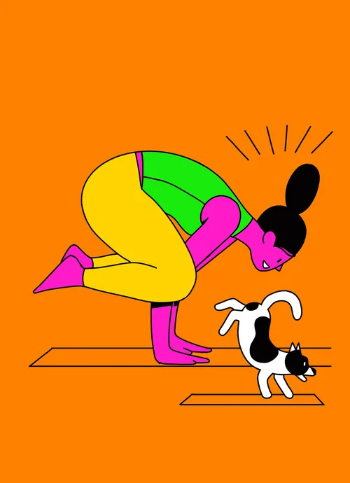 Woman in yoga pose reaching toward a black and white cat by Andreas Schickert