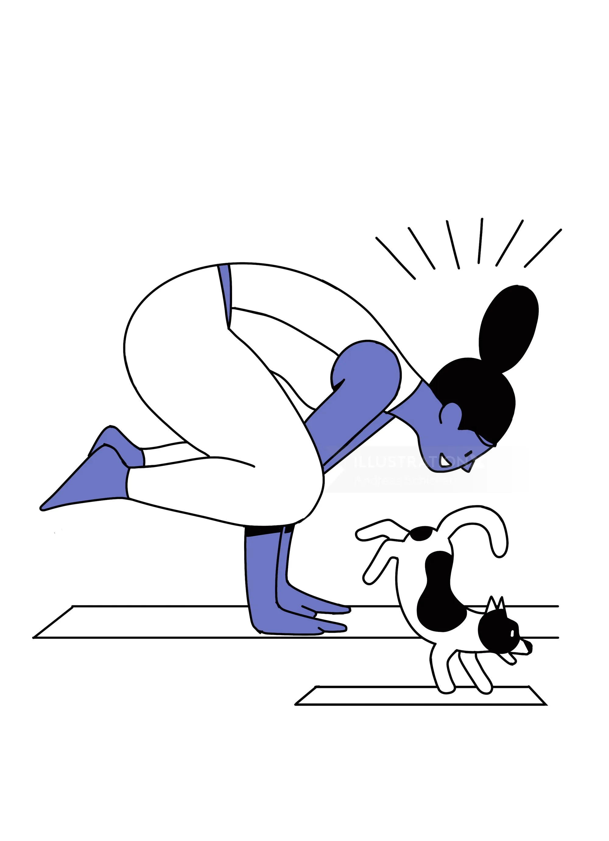Woman in crow yoga pose next to a curious cat illustration by Andreas Schickert