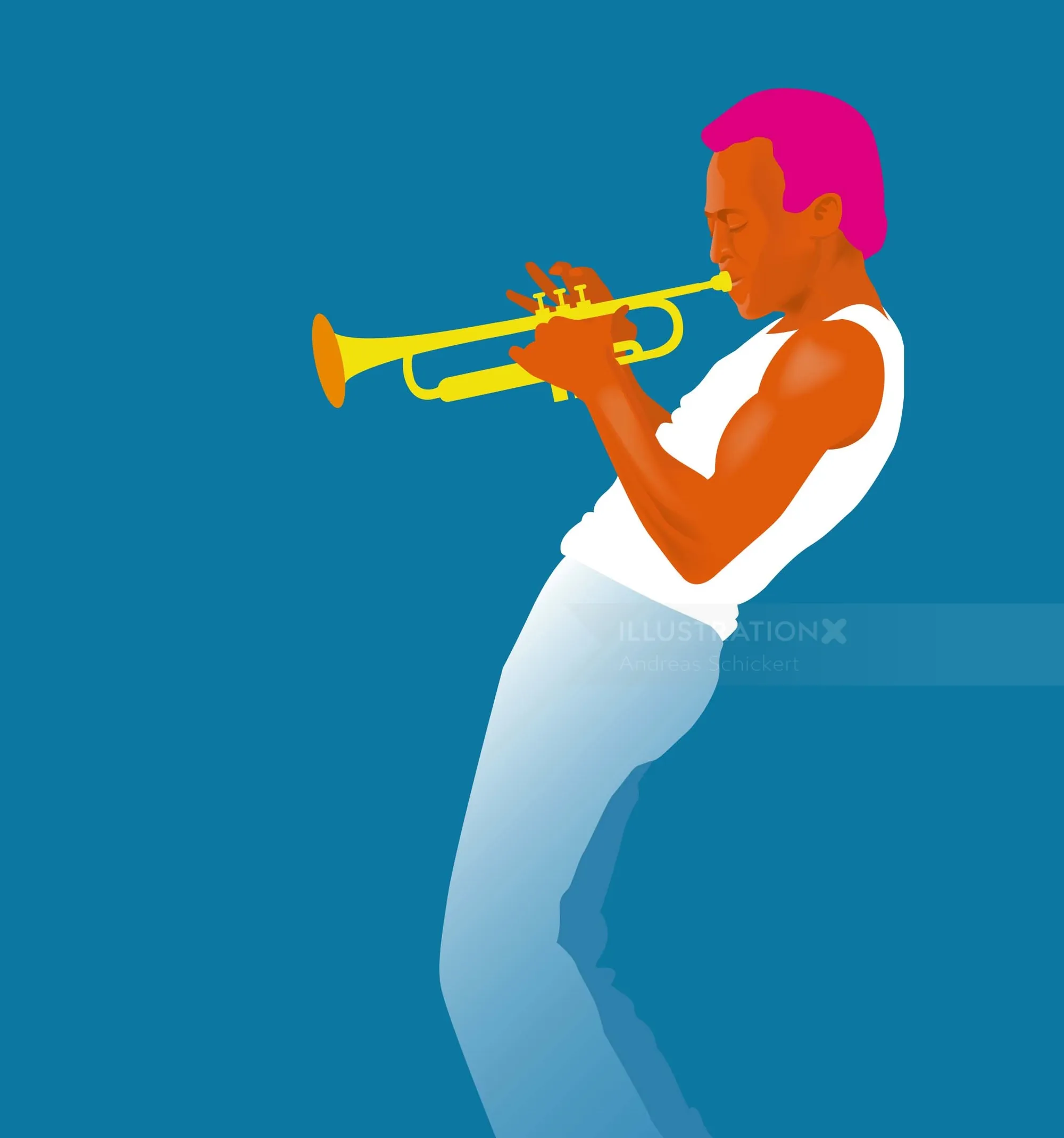Colorful trumpet player silhouette illustration by Andreas Schickert