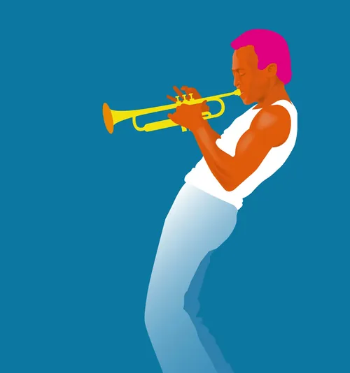 Colorful trumpet player silhouette illustration by Andreas Schickert