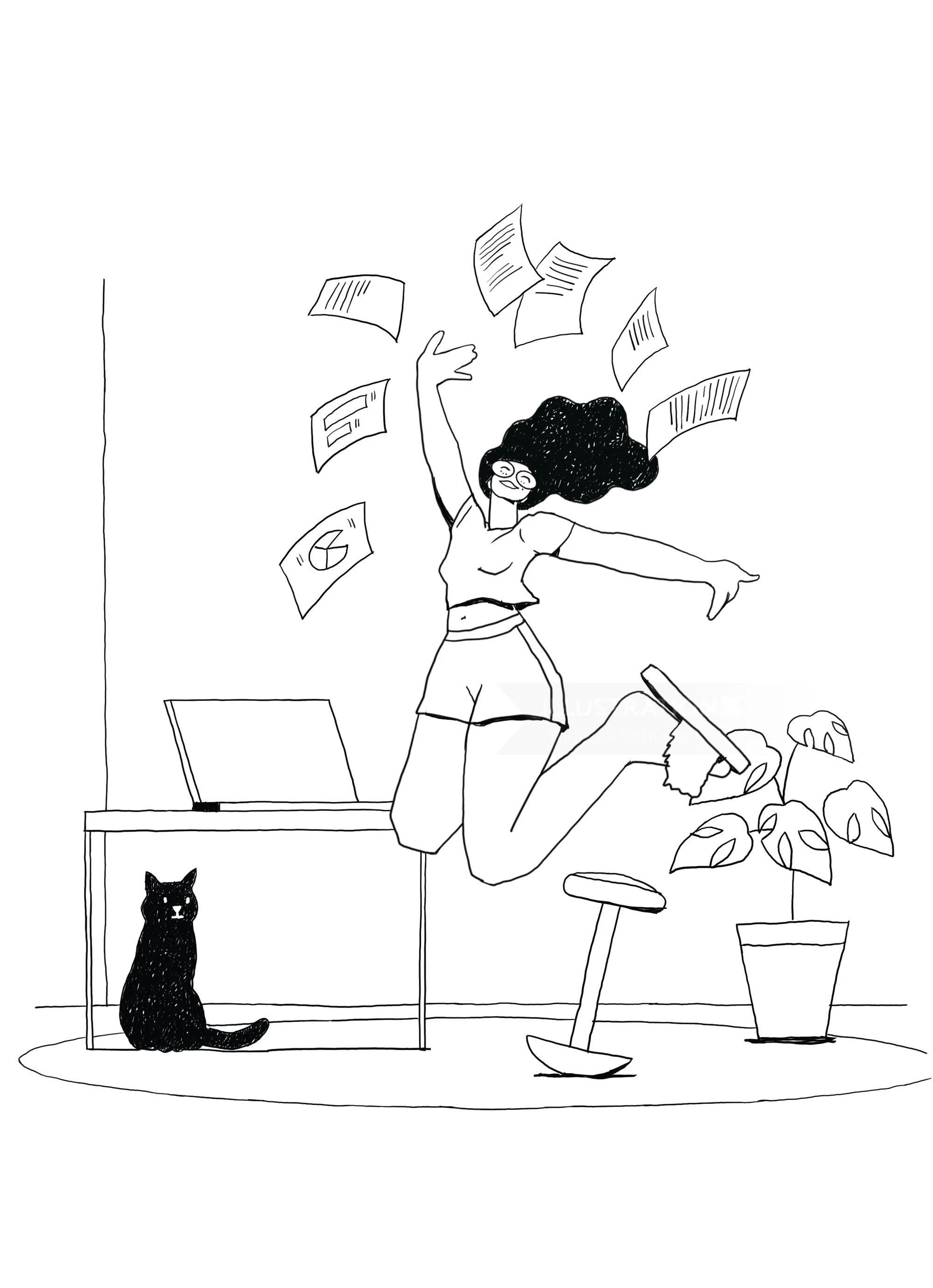 Woman jumping with papers flying near desk, cat, and plant by Andreas Schickert