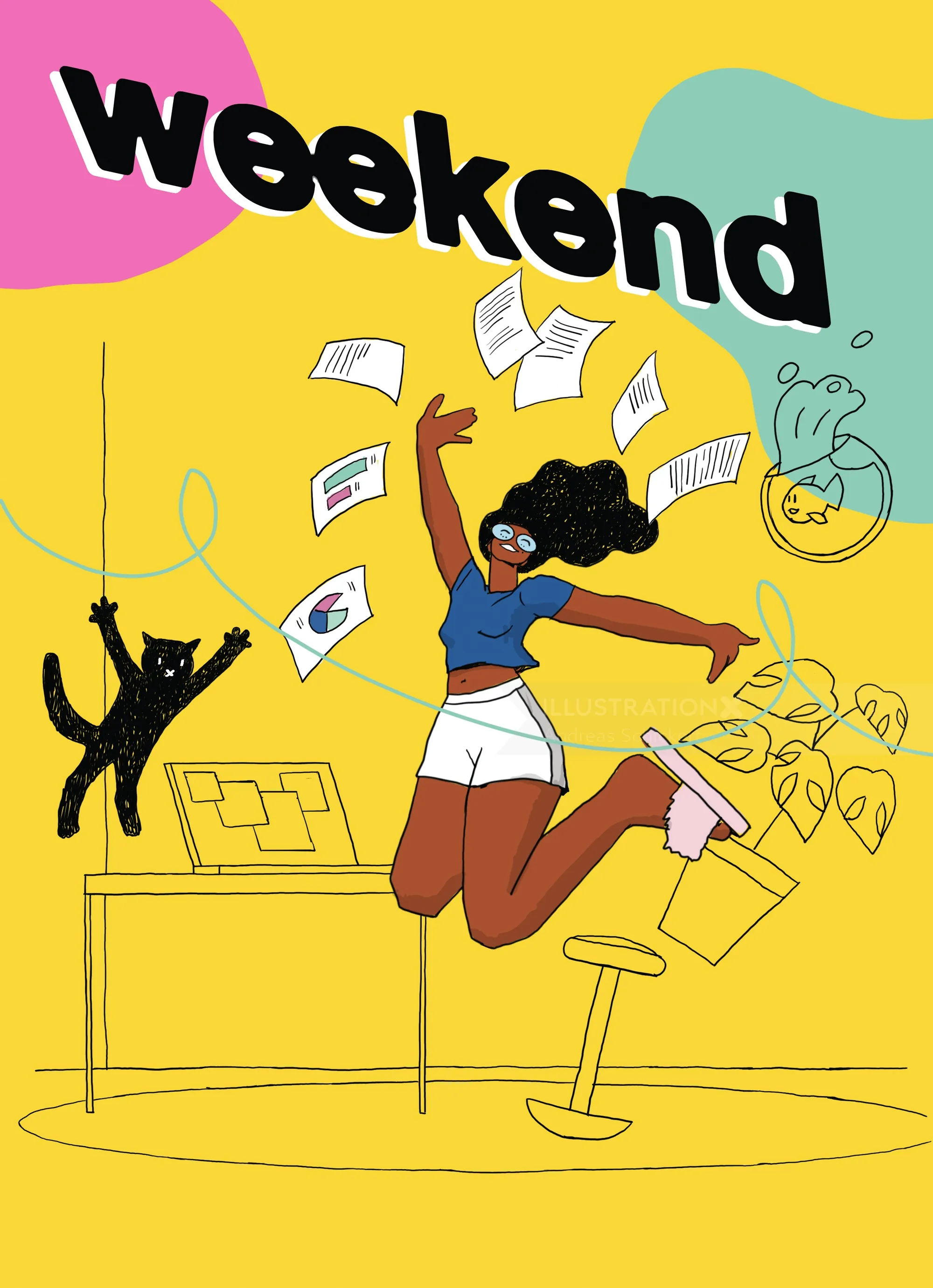 Jumping woman with flying papers celebrating weekend by Andreas Schickert