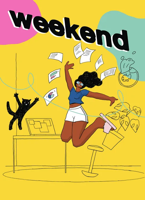 Jumping woman with flying papers celebrating weekend by Andreas Schickert