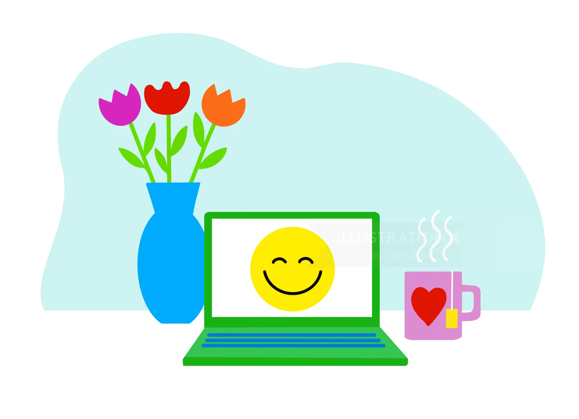 Laptop with smiley face on screen, flowers in vase, and coffee mug by Andreas Schickert